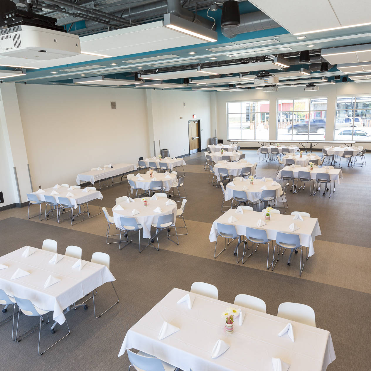 Tables set up for dining.