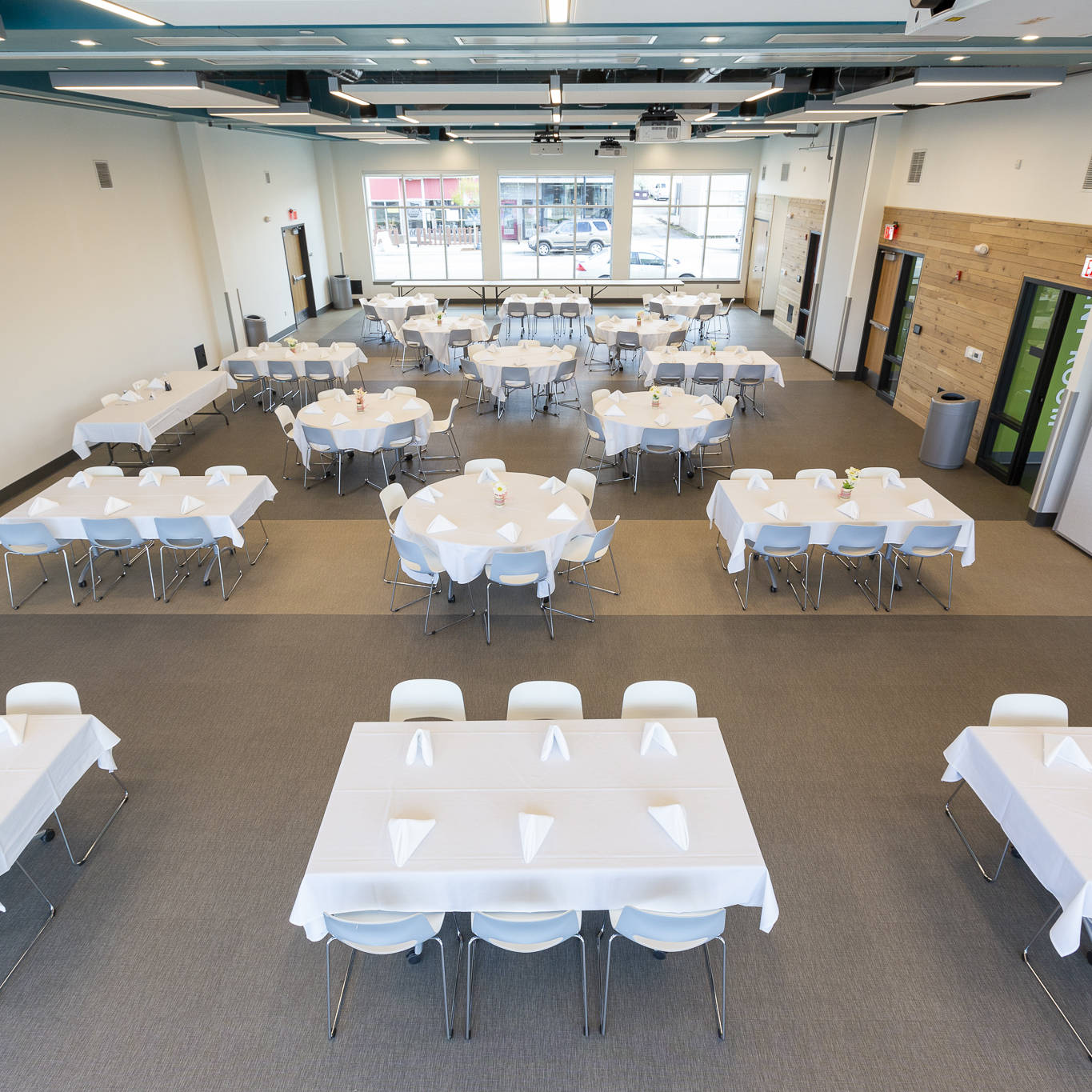 Tables set up for dining.