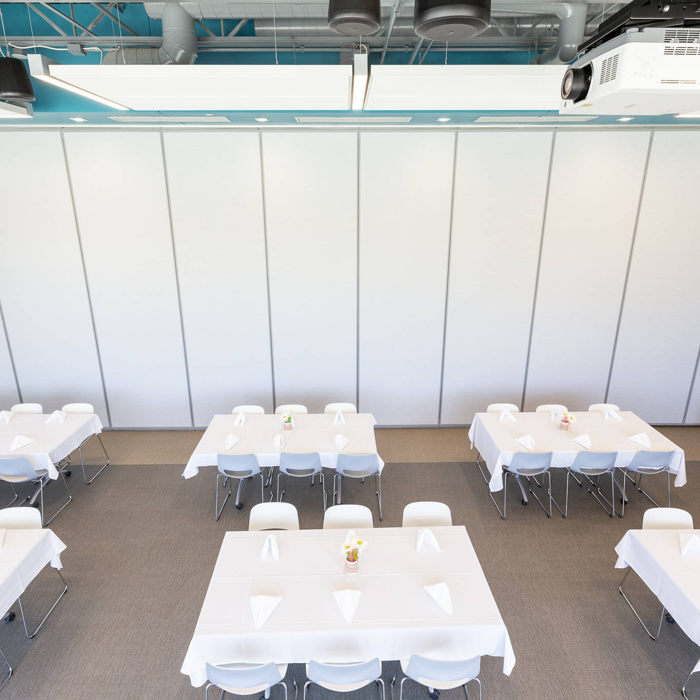 Tables set up for dining.