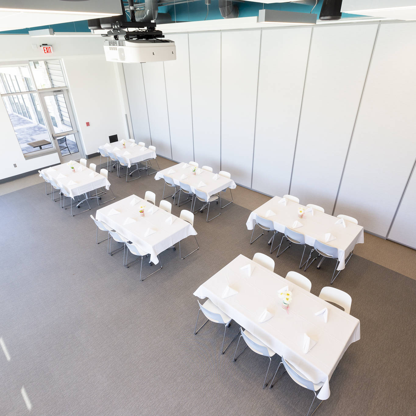 Tables set up for dining.