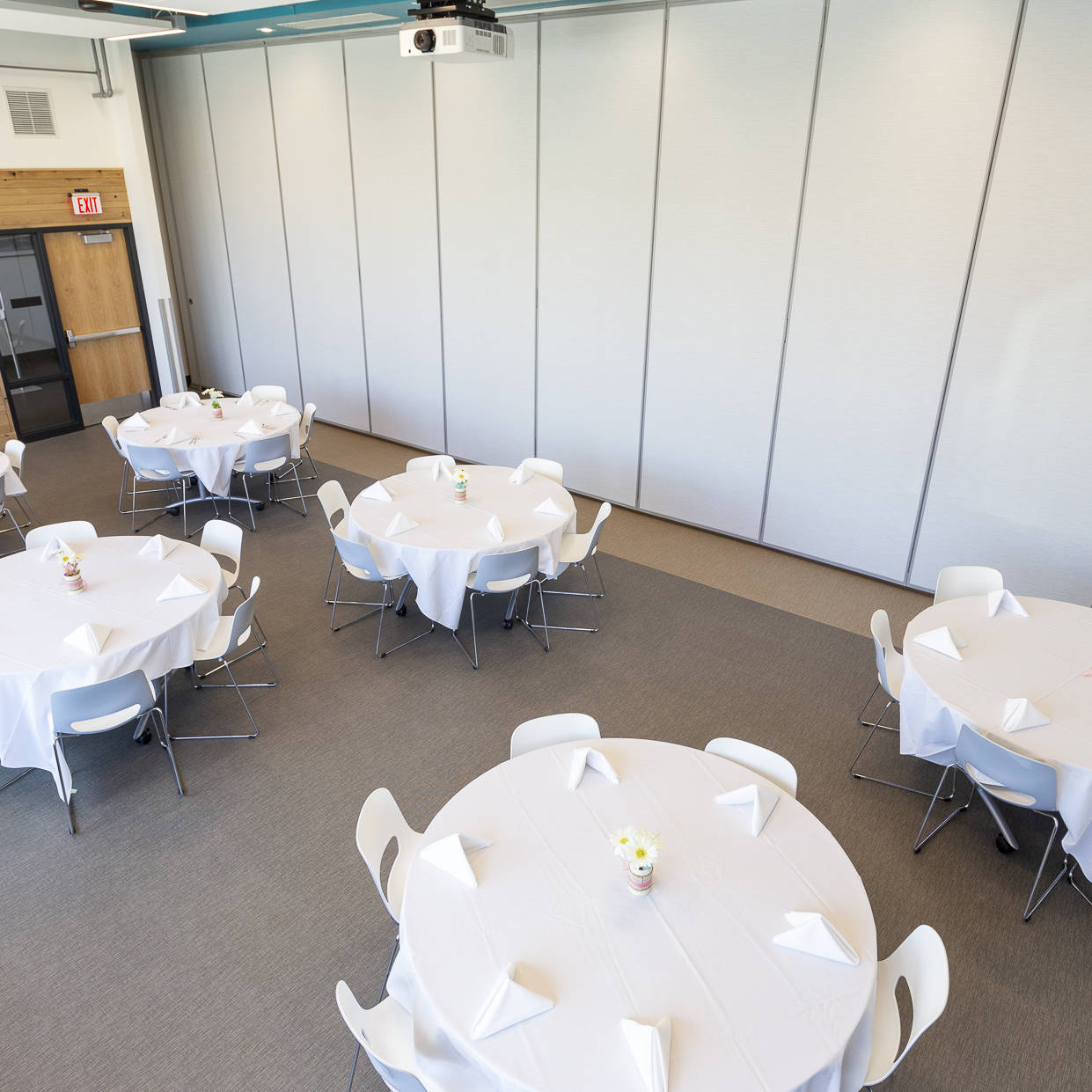 Tables set up for dining.