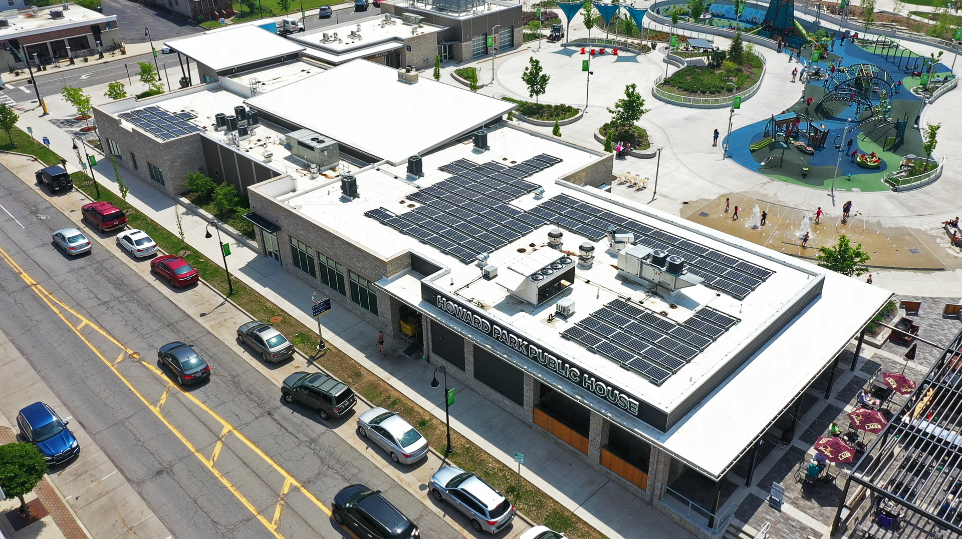 Rooftop view of Howard Park Event Center with solar panels